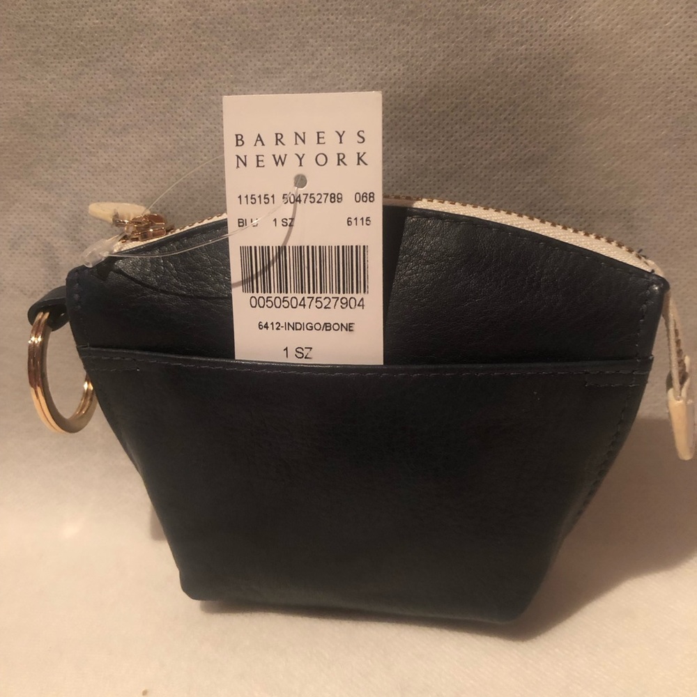 NWT Barney’s New York indigo blue leather zippered clutch with key fob